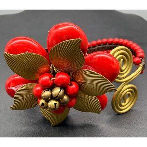 Red Beaded Floral Bracelet Gold Metal Accents & Spiral Design Handmade Style